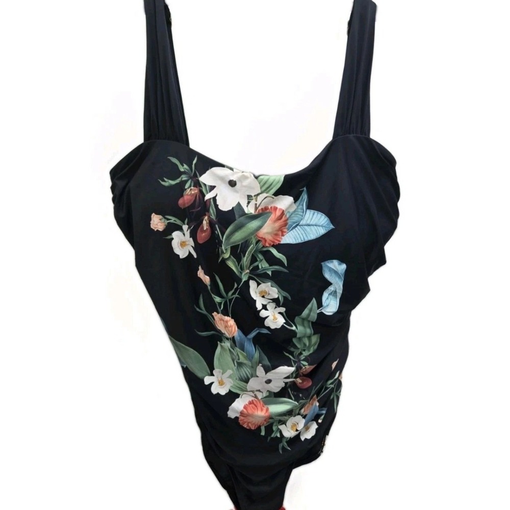 Jantzen Womens Black Floral Ruched One Piece Swimsuit Size 24W JZ2365